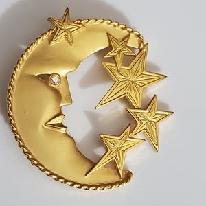 Vintage moon stars brooch AB aurora borealis matte gold JJ Jonette euc